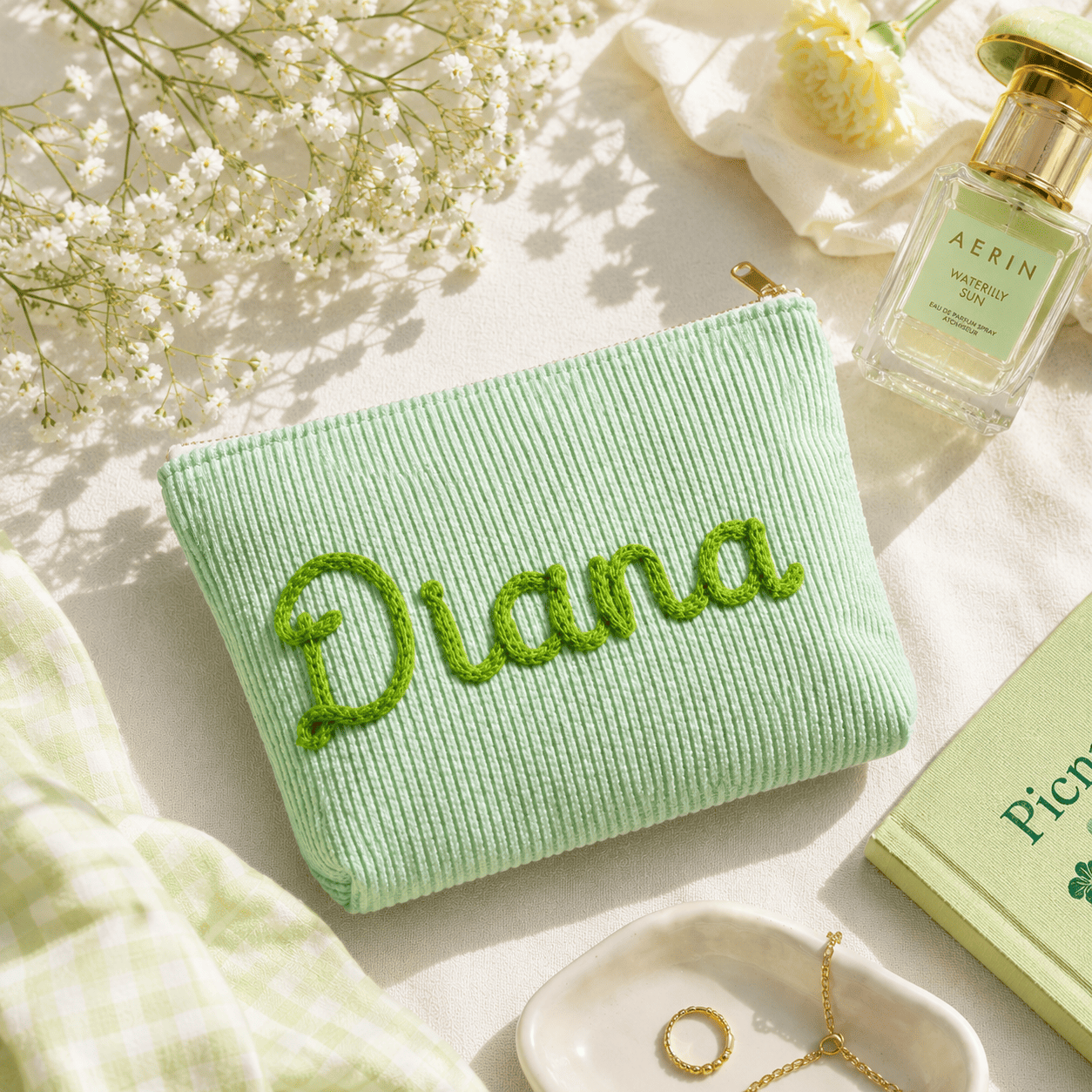 Personalized Seersucker Makeup Bag • Custom Chenille Name Travel Pouch