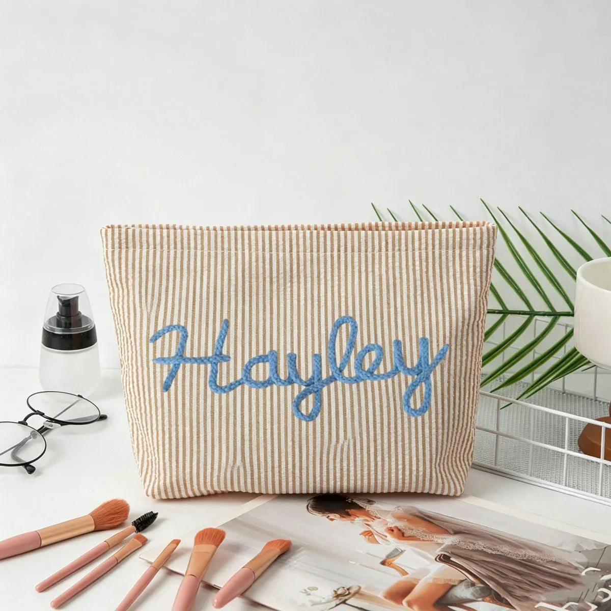 Personalized Seersucker Makeup Bag • Custom Chenille Name Travel Pouch