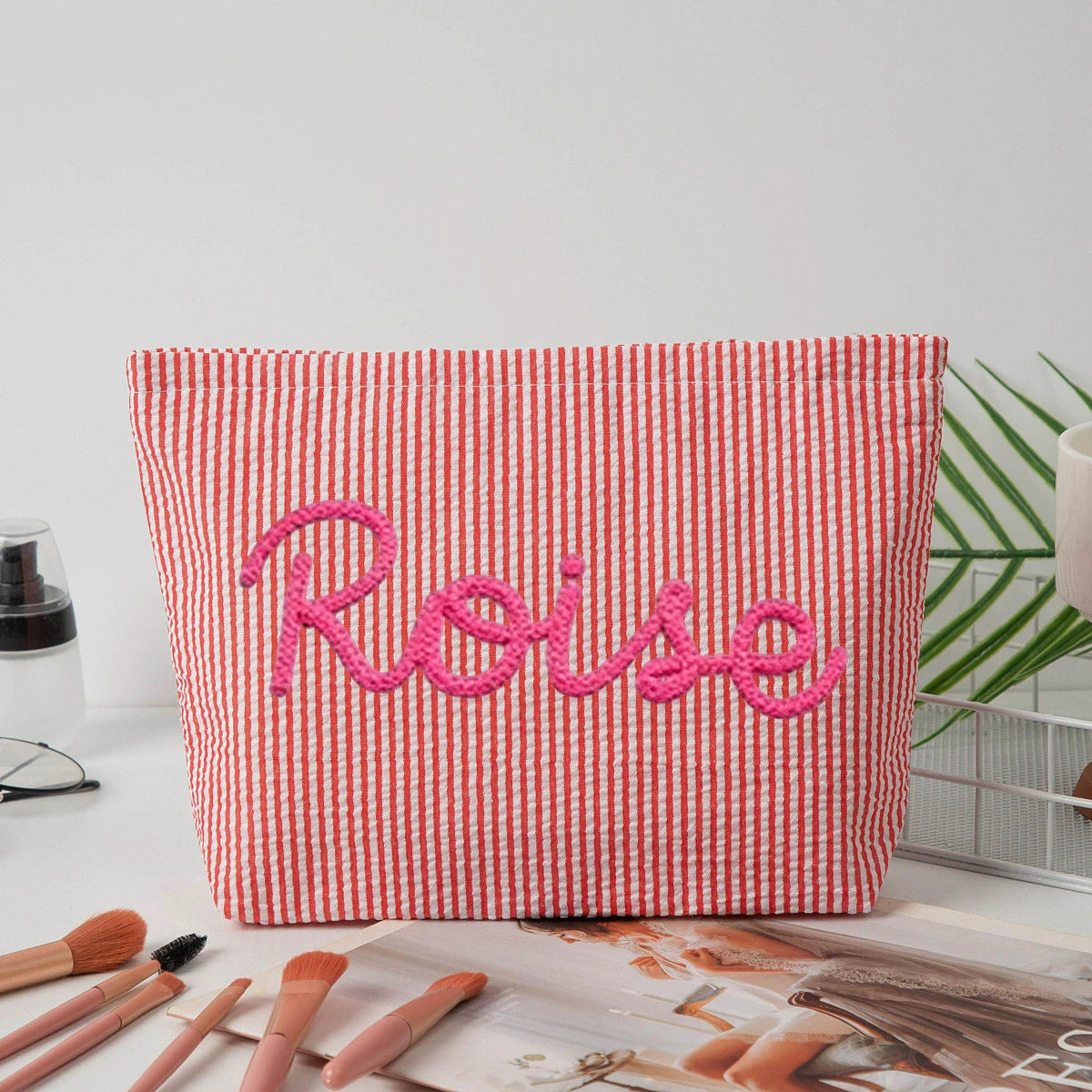 Personalized Seersucker Makeup Bag • Custom Chenille Name Travel Pouch