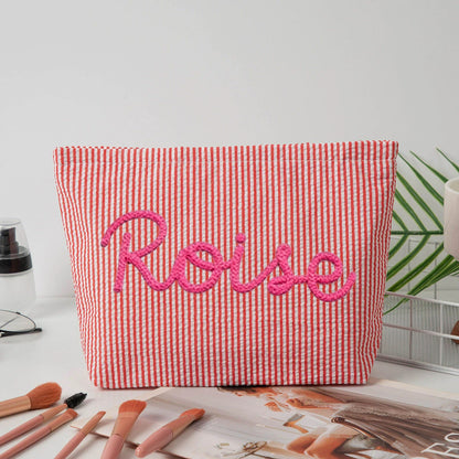 Personalized Seersucker Makeup Bag • Custom Chenille Name Travel Pouch