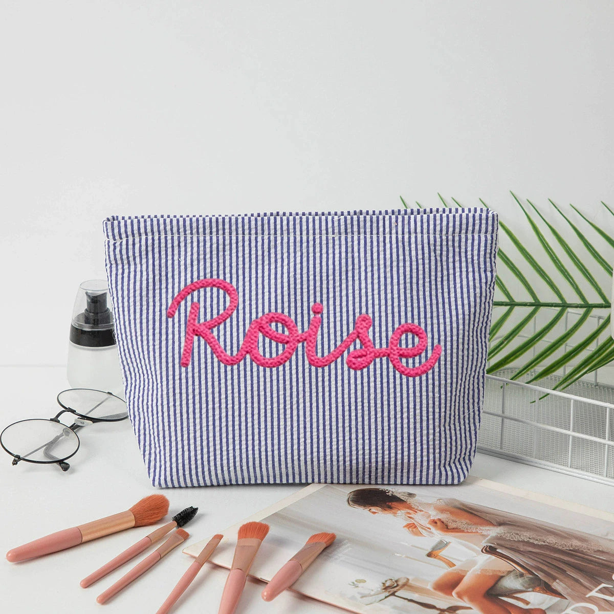 Personalized Seersucker Makeup Bag • Custom Chenille Name Travel Pouch