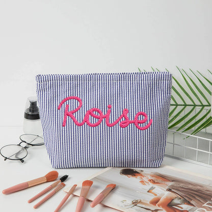 Personalized Seersucker Makeup Bag • Custom Chenille Name Travel Pouch
