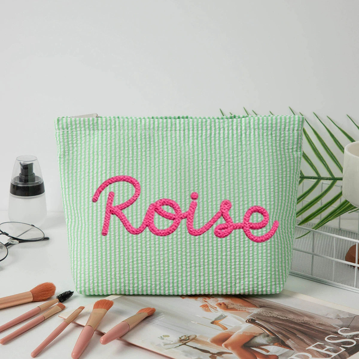 Personalized Seersucker Makeup Bag • Custom Chenille Name Travel Pouch