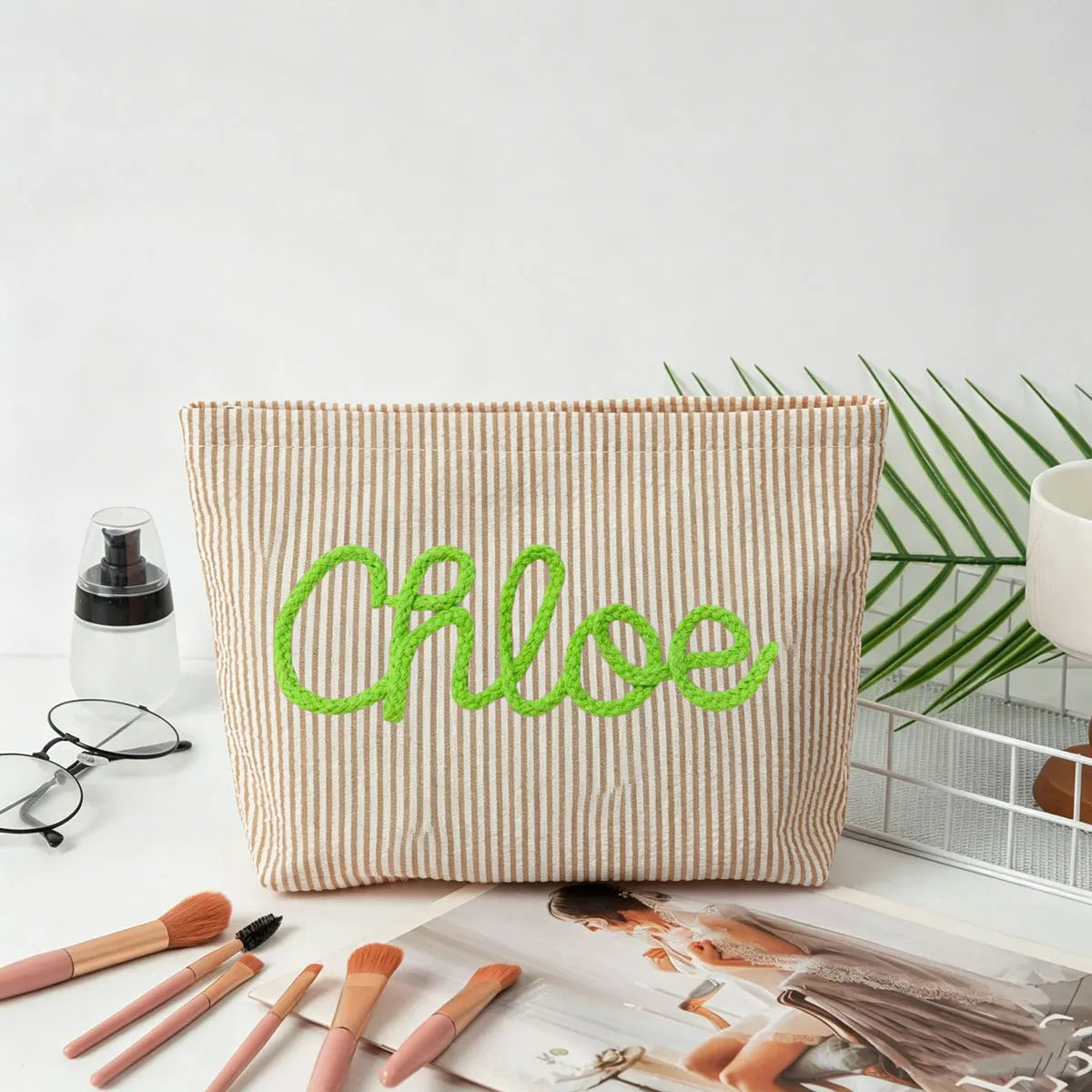 Personalized Seersucker Makeup Bag • Custom Chenille Name Travel Pouch