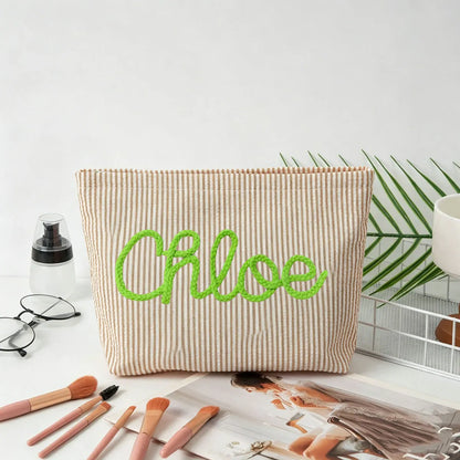 Personalized Seersucker Makeup Bag • Custom Chenille Name Travel Pouch