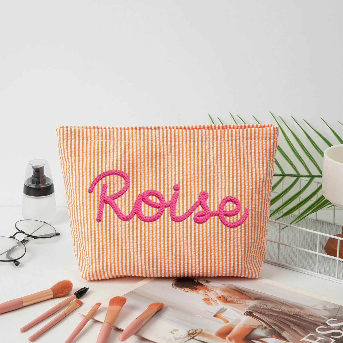 Personalized Seersucker Makeup Bag • Custom Chenille Name Travel Pouch