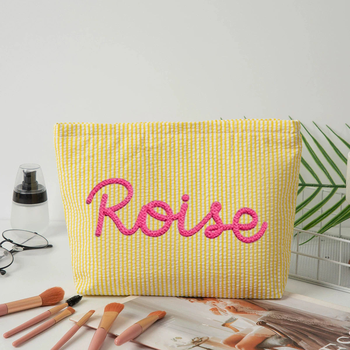 Personalized Seersucker Makeup Bag • Custom Chenille Name Travel Pouch