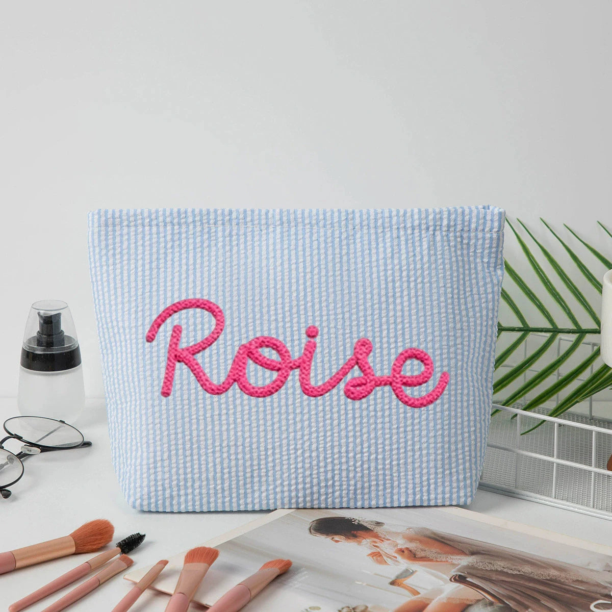 Personalized Seersucker Makeup Bag • Custom Chenille Name Travel Pouch