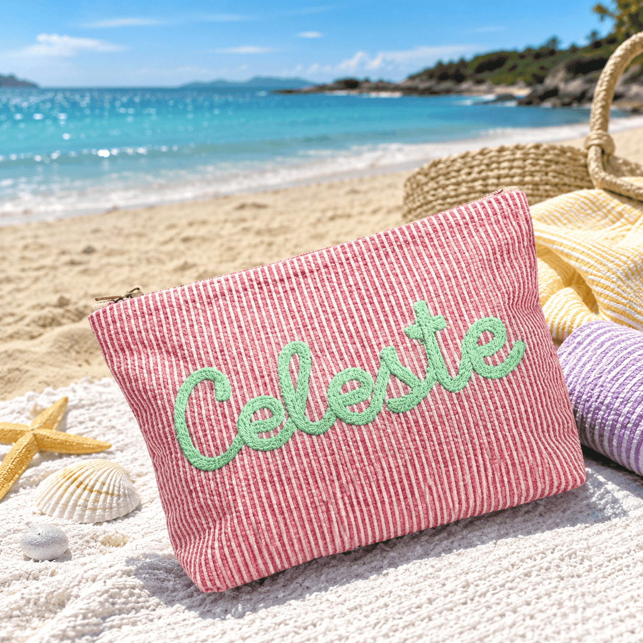 Personalized Seersucker Makeup Bag • Custom Chenille Name Travel Pouch