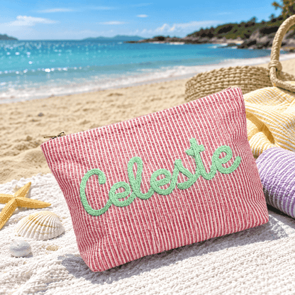 Personalized Seersucker Makeup Bag • Custom Chenille Name Travel Pouch