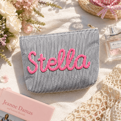 Personalized Seersucker Makeup Bag • Custom Chenille Name Travel Pouch