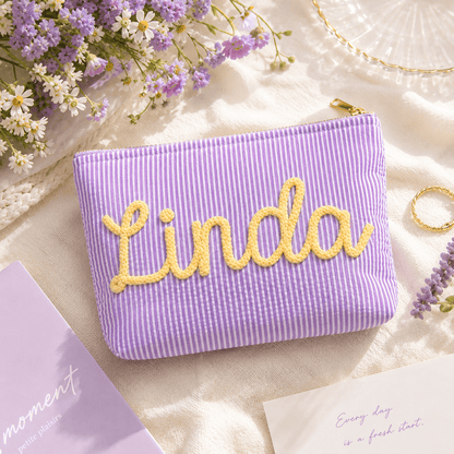 Personalized Seersucker Makeup Bag • Custom Chenille Name Travel Pouch