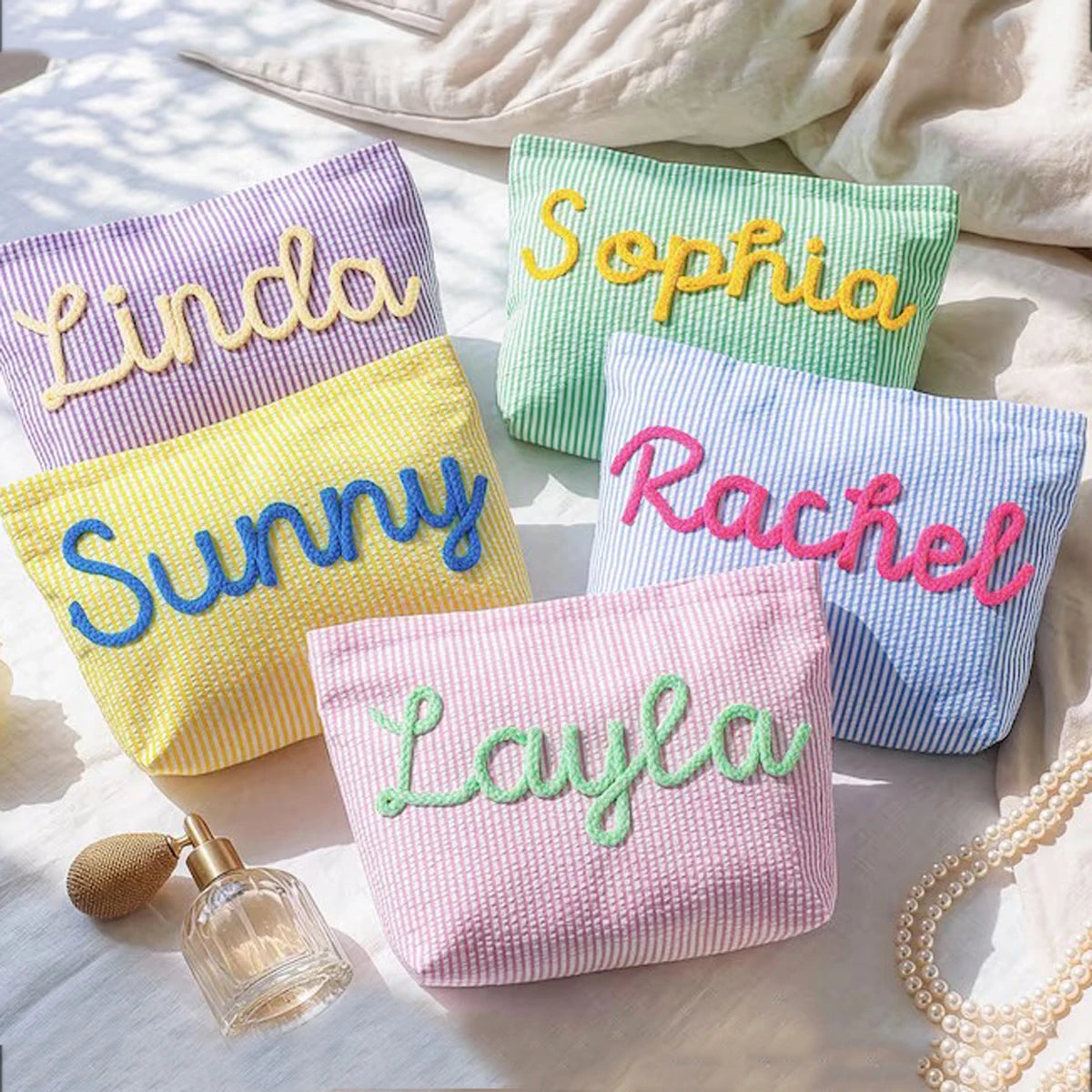 Personalized Seersucker Makeup Bag • Custom Chenille Name Travel Pouch