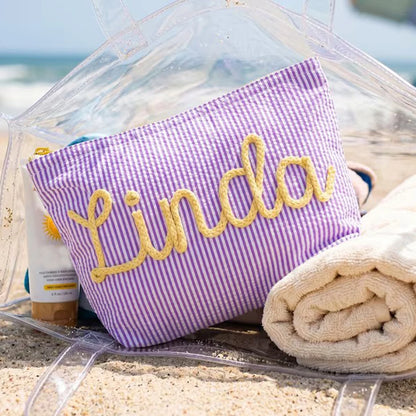 Personalized Seersucker Makeup Bag • Custom Chenille Name Travel Pouch