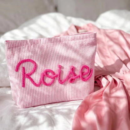 Personalized Seersucker Makeup Bag • Custom Chenille Name Travel Pouch