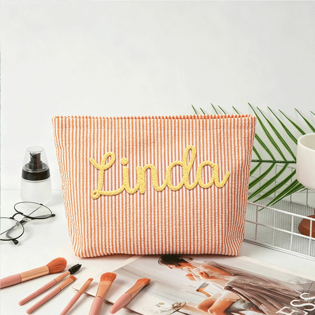 Personalized Seersucker Makeup Bag • Custom Chenille Name Travel Pouch