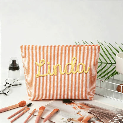 Personalized Seersucker Makeup Bag • Custom Chenille Name Travel Pouch