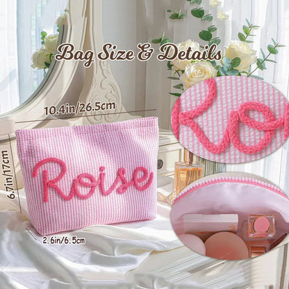 Personalized Seersucker Makeup Bag • Custom Chenille Name Travel Pouch