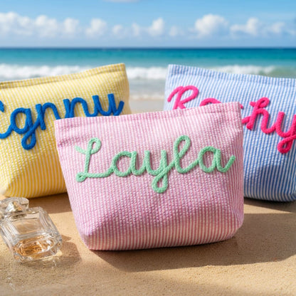 Personalized Seersucker Makeup Bag • Custom Chenille Name Travel Pouch
