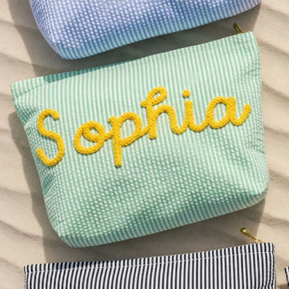 Personalized Seersucker Makeup Bag • Custom Chenille Name Travel Pouch