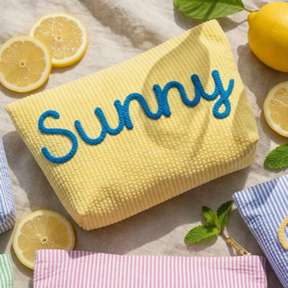 Personalized Seersucker Makeup Bag • Custom Chenille Name Travel Pouch