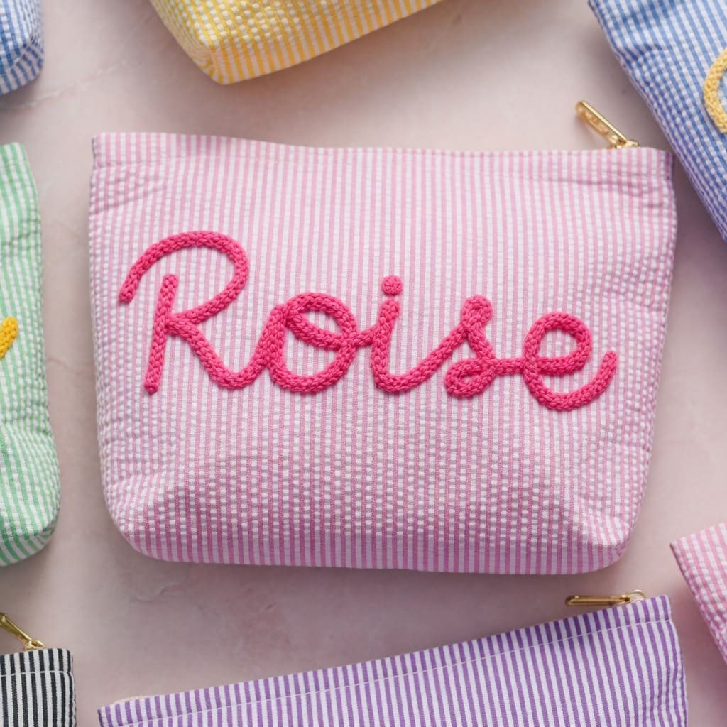 Personalized Seersucker Makeup Bag • Custom Chenille Name Travel Pouch