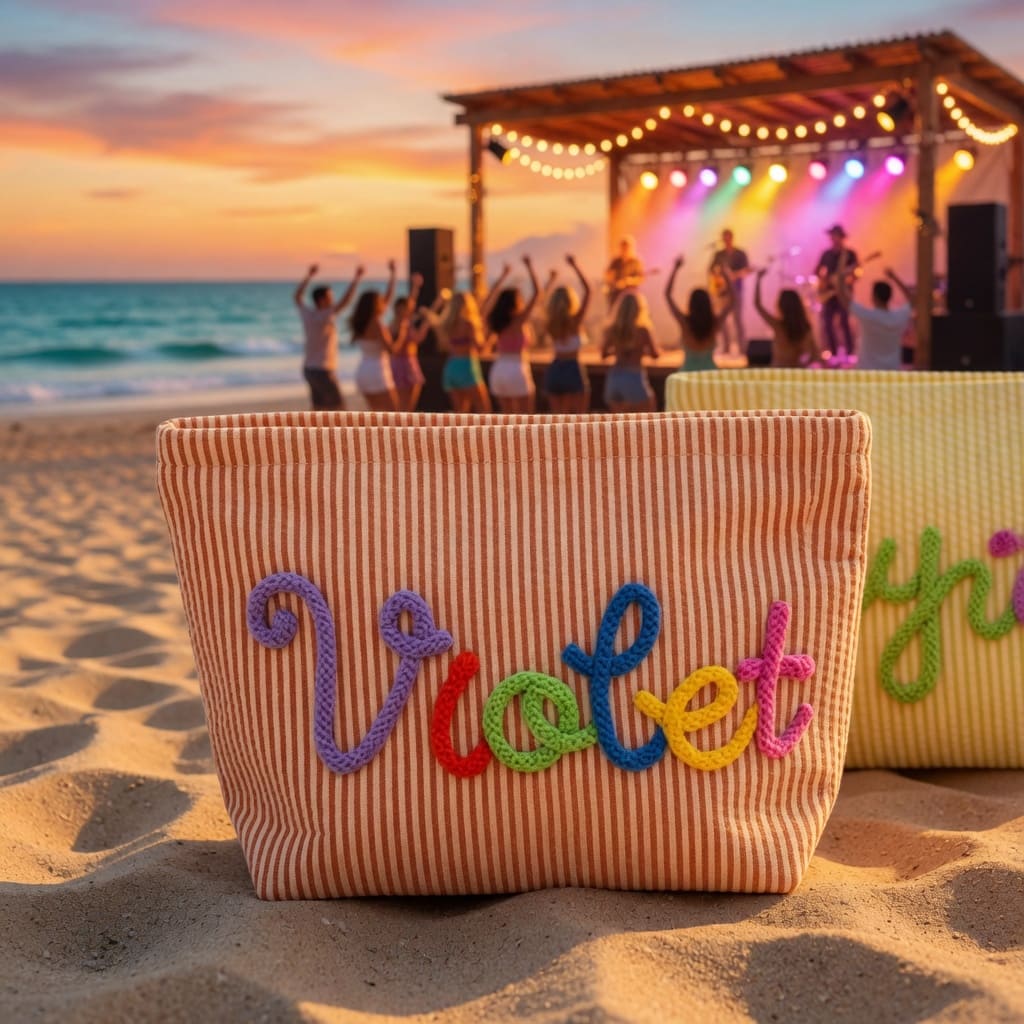 Personalized Seersucker Makeup Bag • Custom Chenille Name Travel Pouch