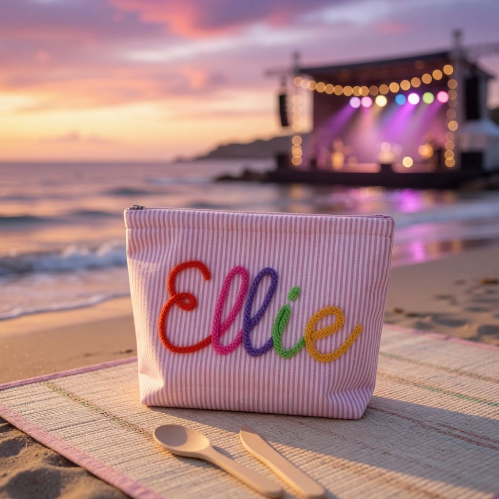 Personalized Seersucker Makeup Bag • Custom Chenille Name Travel Pouch