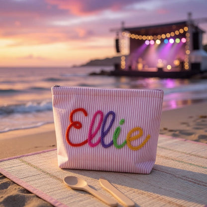 Personalized Seersucker Makeup Bag • Custom Chenille Name Travel Pouch