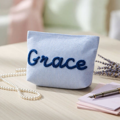 Personalized Seersucker Makeup Bag • Custom Chenille Name Travel Pouch
