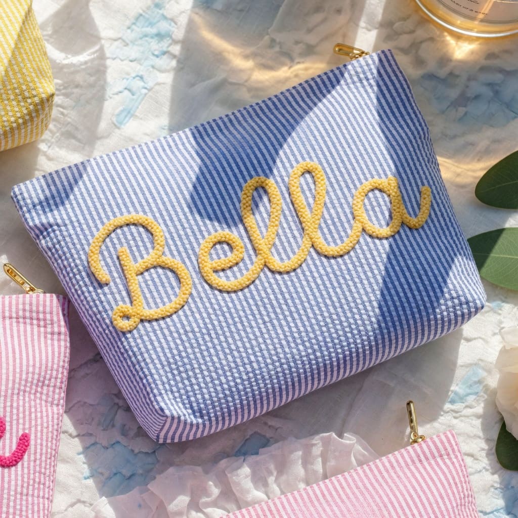 Personalized Seersucker Makeup Bag • Custom Chenille Name Travel Pouch