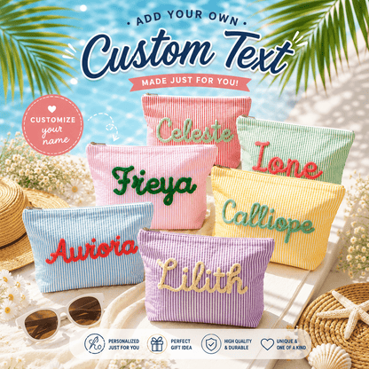 Personalized Seersucker Makeup Bag • Custom Chenille Name Travel Pouch